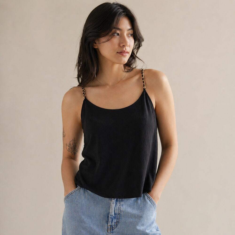 Anine Bing Chelsea Tank Top Womens L Black Crepe Gold Chain Straps Sleeveless